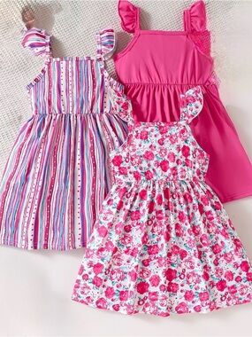Girls' Summer Flying Sleeves Dresses Choose: Pink/Floral/ Or Stripe